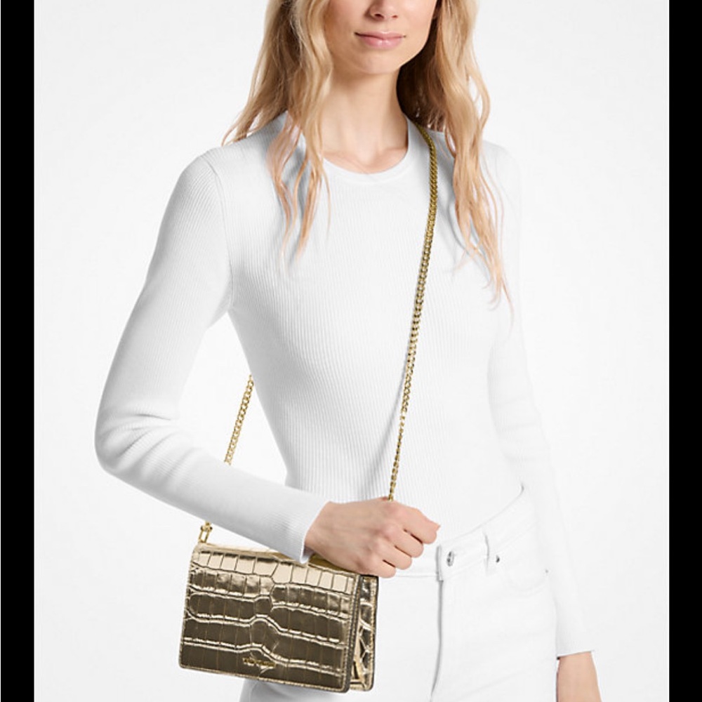 Michael Kors Jet Set Med Metallic Crocodile Embossed Leather Crossbody Bag NWT